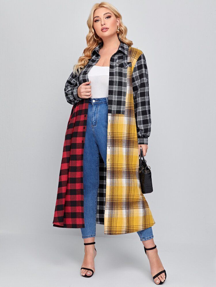 SHEIN Plus Tartan & Gingham Pattern Longline Blouse | SHEIN