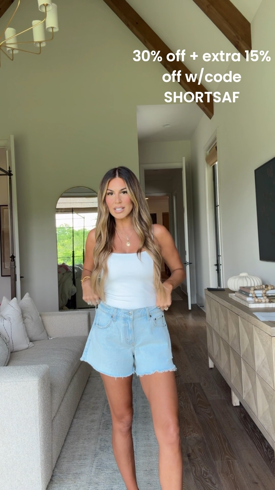 A line denim shorts 
30% off + extra 15% off with code shortsaf 
Wearing size 28 & small top

#LTKSaleAlert #LTKFindsUnder100