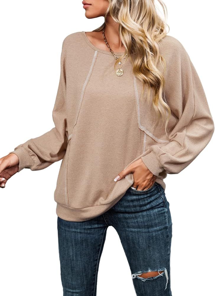 CUPSHE Women's Casual Round Neck Blouse Long Sleeves Autumn Shirts Comfy Tops with Relaxed Fit | Amazon (US)