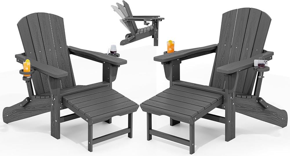 KINGYES Folding Adjustable Adirondack Chair with Retractable Ottoman Set of 2, HDPE All Weather C... | Amazon (US)