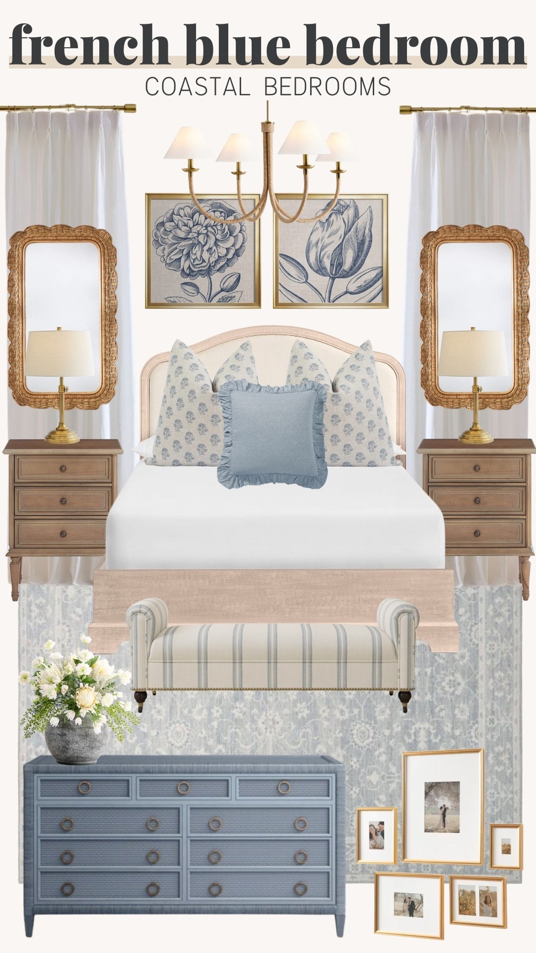 French blue coastal bedroom, French country coastal decor, coastal cottage bedroom, French blue bedding, powder blue bedroom accents, blue and white bedroom, linen duvet cover, upholstered bed frame, white oak nightstands, antique brass table lamps, scalloped pillows, floral block print bedding, striped euro shams, woven bench bedroom, rattan pendant light, light and airy bedroom, layered neutral bedding, vintage inspired rug, cottage style bedroom, Serena and Lily inspired decor, timeless coastal style, relaxed luxury bedroom

#LTKU #LTKHome #LTKSeasonal