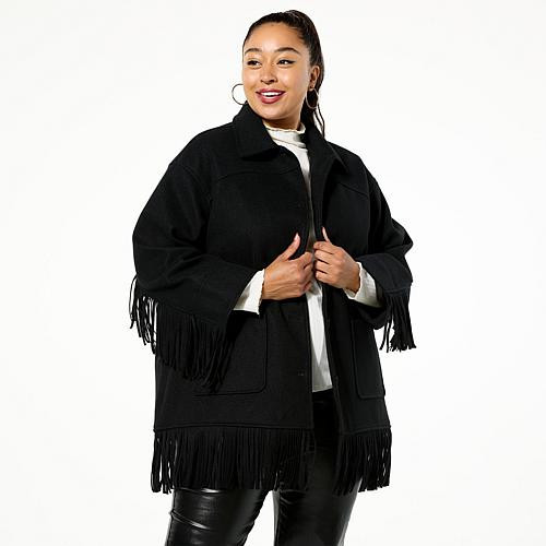 TWRHLL by Christie Brinkley Brushed Faux Melton Jacket with Fringe - Black - Size Petite/Medium | HSN