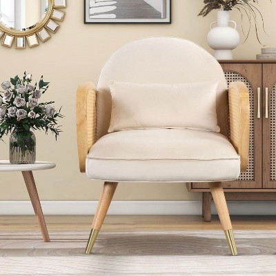 Dining Chairs Foam Upholstered Back Rest Seat Rattan Armrest Accent Rattan Chair With Metal Legs Mid Century Armchair | Target