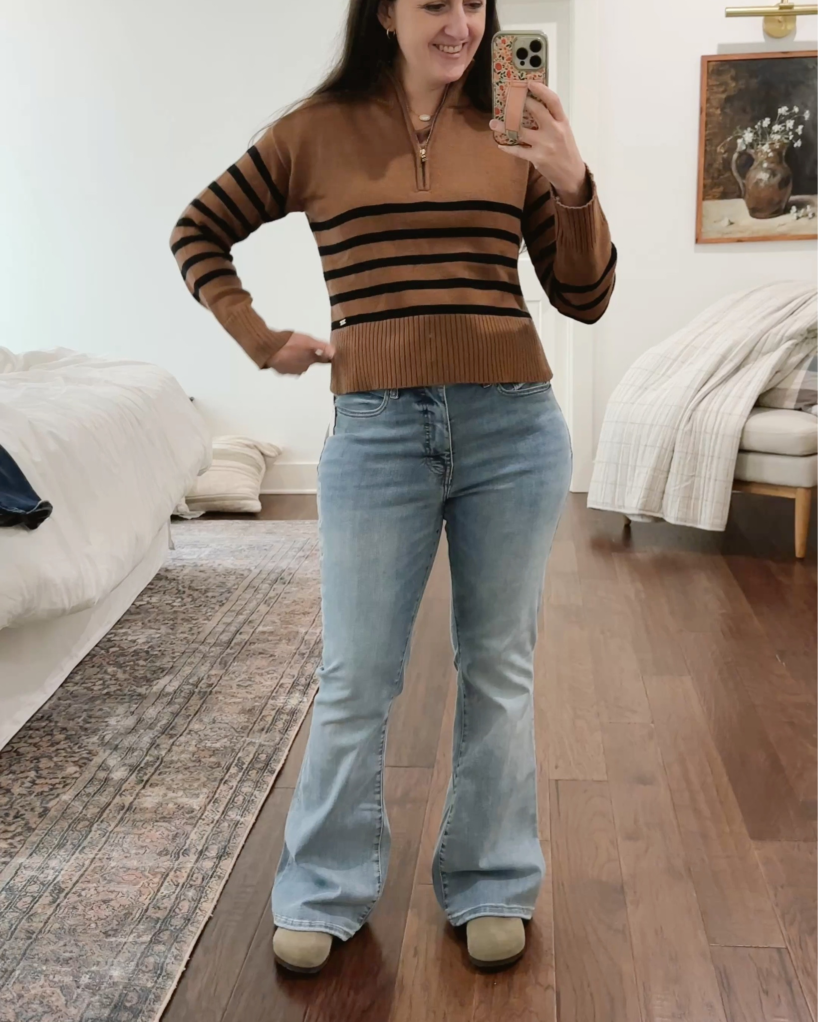 Just bought these high rise Stevie flare jeans in store & ordered two other washes (dark denim & black denim) when I got home. These are by far my favorite jeans & I always have women asking me where I get them. They’re 40% off, so I’d snag them on sale while you can. 

Note: I size up 1 size in lighter washes & corduroy (for some reason I find they fit tighter) & get true to size in darker washes (dark denim & black (based on their size chart). 

Warm brown & black striped pullover sweater & my favorite suede Birkenstocks also linked. 

#LTKootd #LTKGiftGuide #LTKSaleAlert