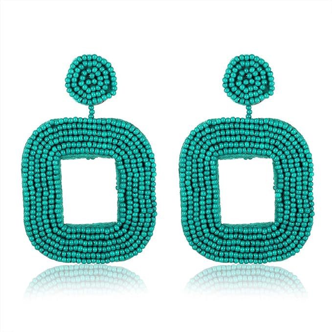 Boderier Beaded Drop Earrings Bohemian Wire Wrapped Beaded Square Hoop Dangle Statement Earrings | Amazon (US)