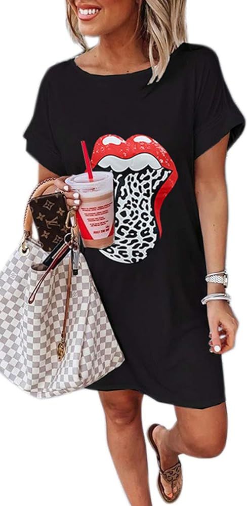 Women Summer Fashion Red Lips Graphic Tshirt Dresses Leopard Tongue Graphic O-Neck Short Sleeve M... | Amazon (US)