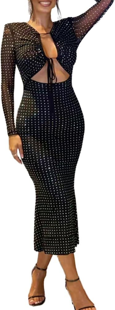 Sedrinuo Women's Sparkly Sequin Mesh Dress Long Sleeve Cut Out Glitter Lace Up Party Club Bodycon... | Amazon (US)