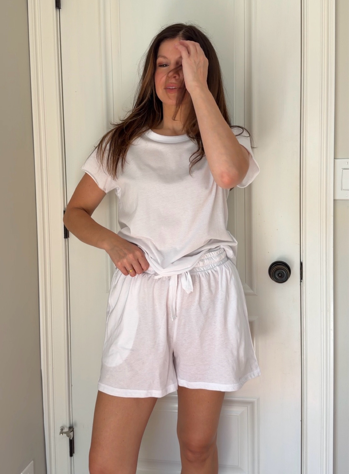 These are the most comfortable breathable pajamas, I own. ￼ I size down to a small cause they fit a bit oversized. I plan on purchasing them in the gray color too. White shorts, T-shirt, 100% cotton.

#LTKOver40 #LTKmorningroutine #LTKmomlife