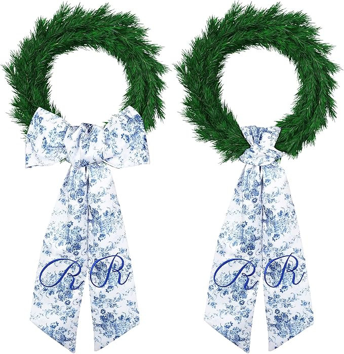 2 Pcs Embroidery Monogram Wreath Sash Blue Chinoiserie Monogram Letter R Wreath Sash for Boxwood ... | Amazon (US)