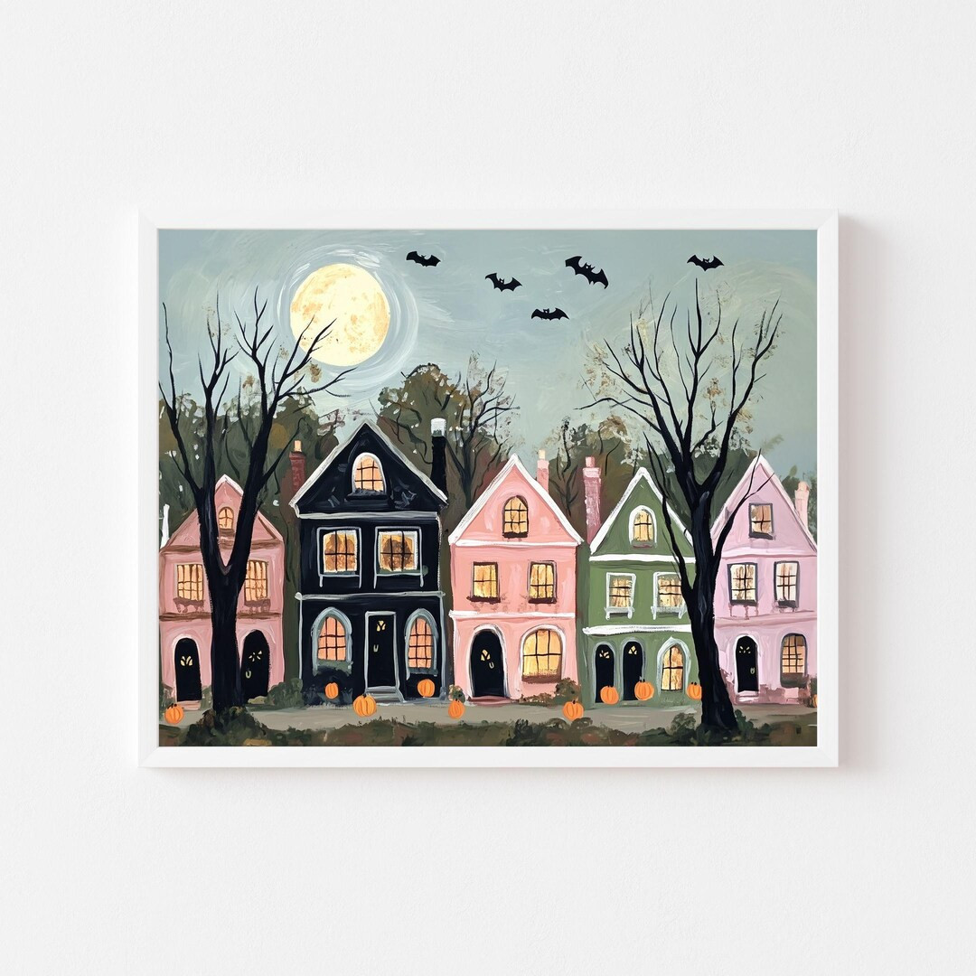 Pastel Haunted House Village Painting | Pink Halloween Town Printable | Girl's Room October Wall ... | Etsy (US)