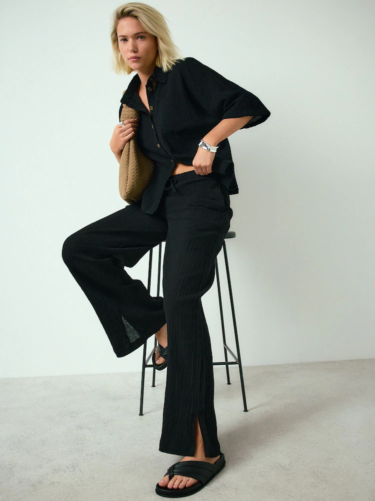 Black Textured Wide Leg Trousers with Linen | Next US