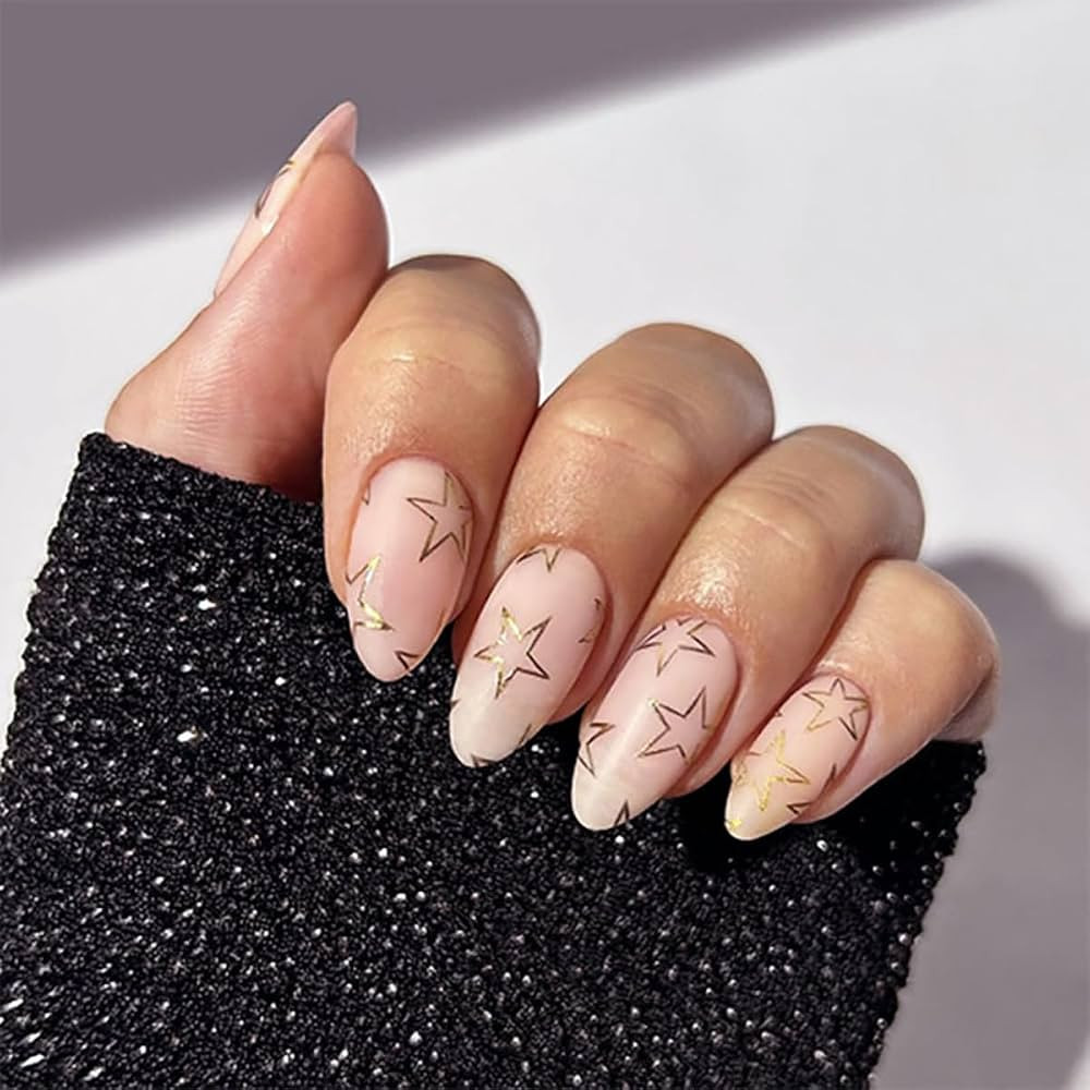 Star Press on Nails Short Almond Fake Nails Matte False Nails Press ons with Gold Hollow Star Des... | Amazon (US)