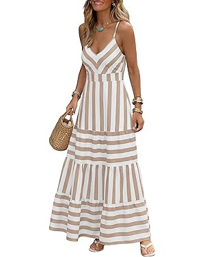 Caracilia Summer Maxi Dresses for Women Spaghetti Strap Back Smocked A Line V Neck Casual Long Dr... | Amazon (US)