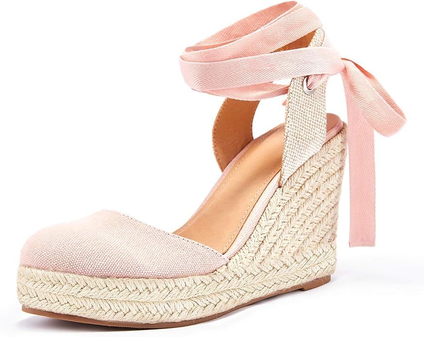 FISACE Womens Summer Espadrille Heel Platform Wedge Sandals Ankle Buckle Strap Closed Toe Shoes | Amazon (US)