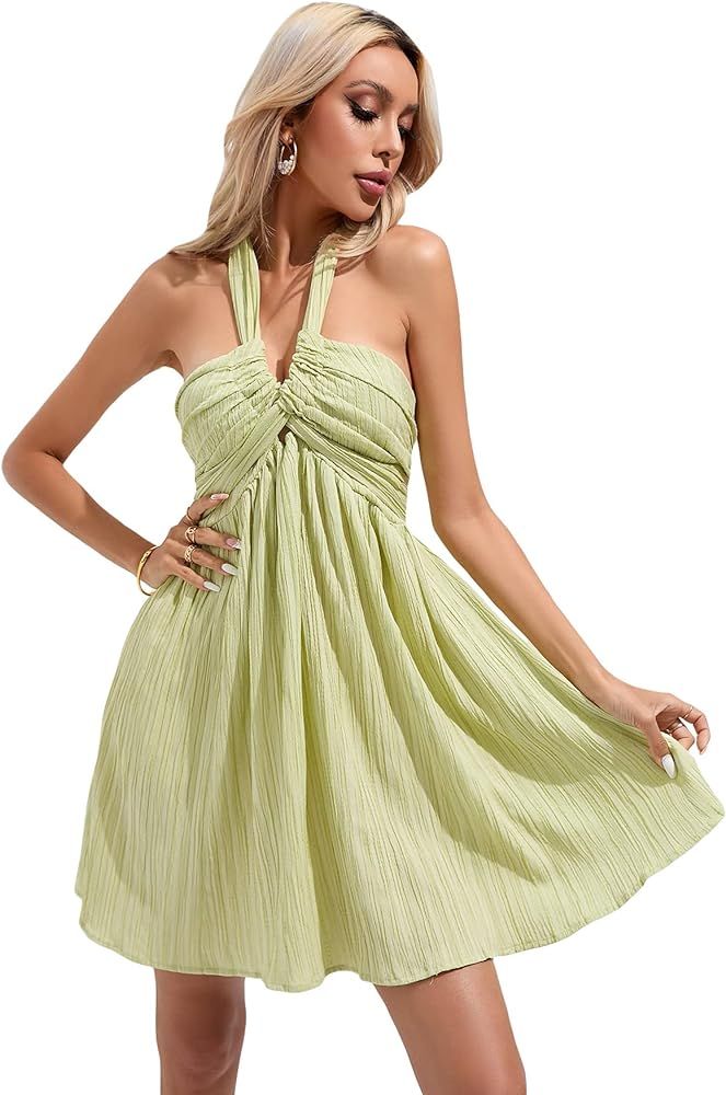 WDIRARA Women's Halter Tie Backless Smocked A Line Flowy Summer Vacation Mini Dress | Amazon (US)