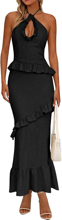 Wenrine Womens Sexy Halter Maxi Dress Cutout Sleeveless Ruffle Tassel Backless Party Club Summer ... | Amazon (US)
