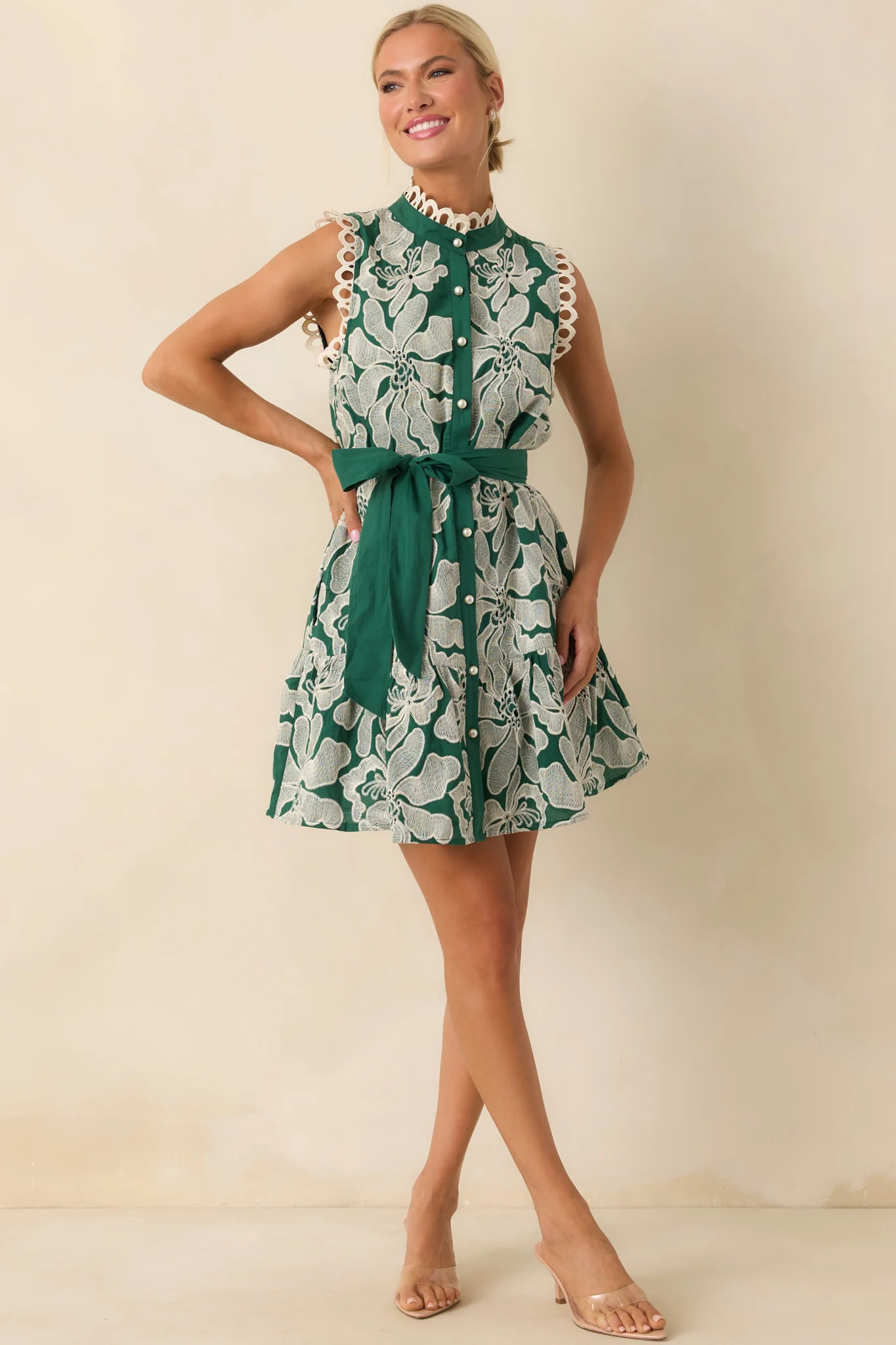 Stand Out Emerald Green Floral Embroidered Cotton Mini Dress | Red Dress