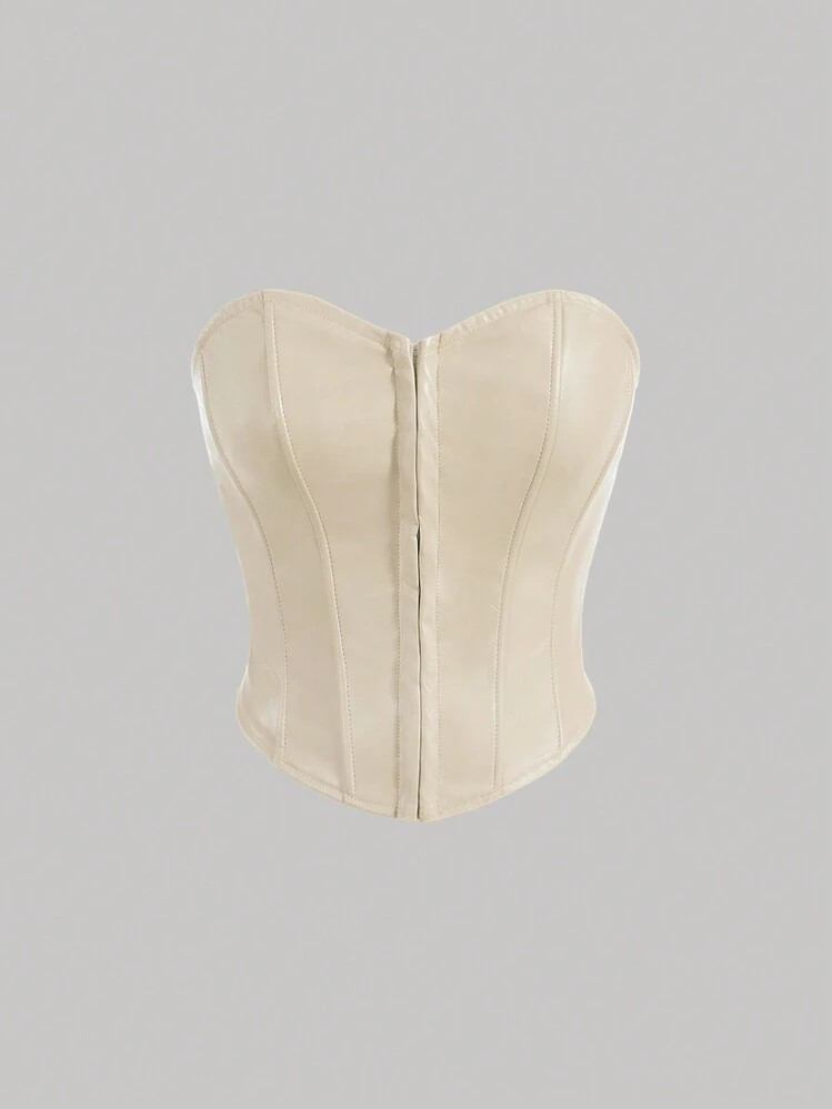 SHEIN MOD Solid Hook And Eye Front Tube Apricot Leather Tight Tube Corset Top | SHEIN