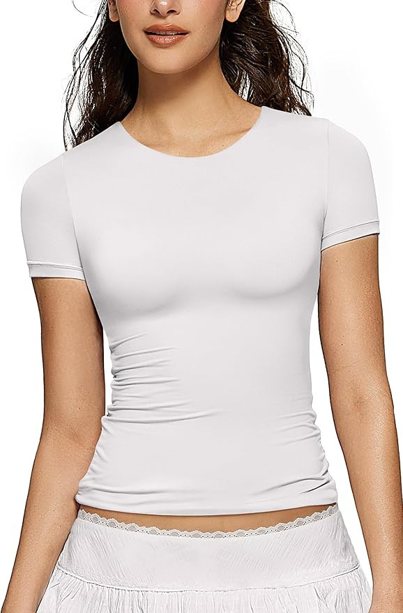 OEAK Womens Summer Short Sleeve Tops Crew Neck Double Lined T Shirts Basic Tees Slim Fit Shirts C... | Amazon (US)