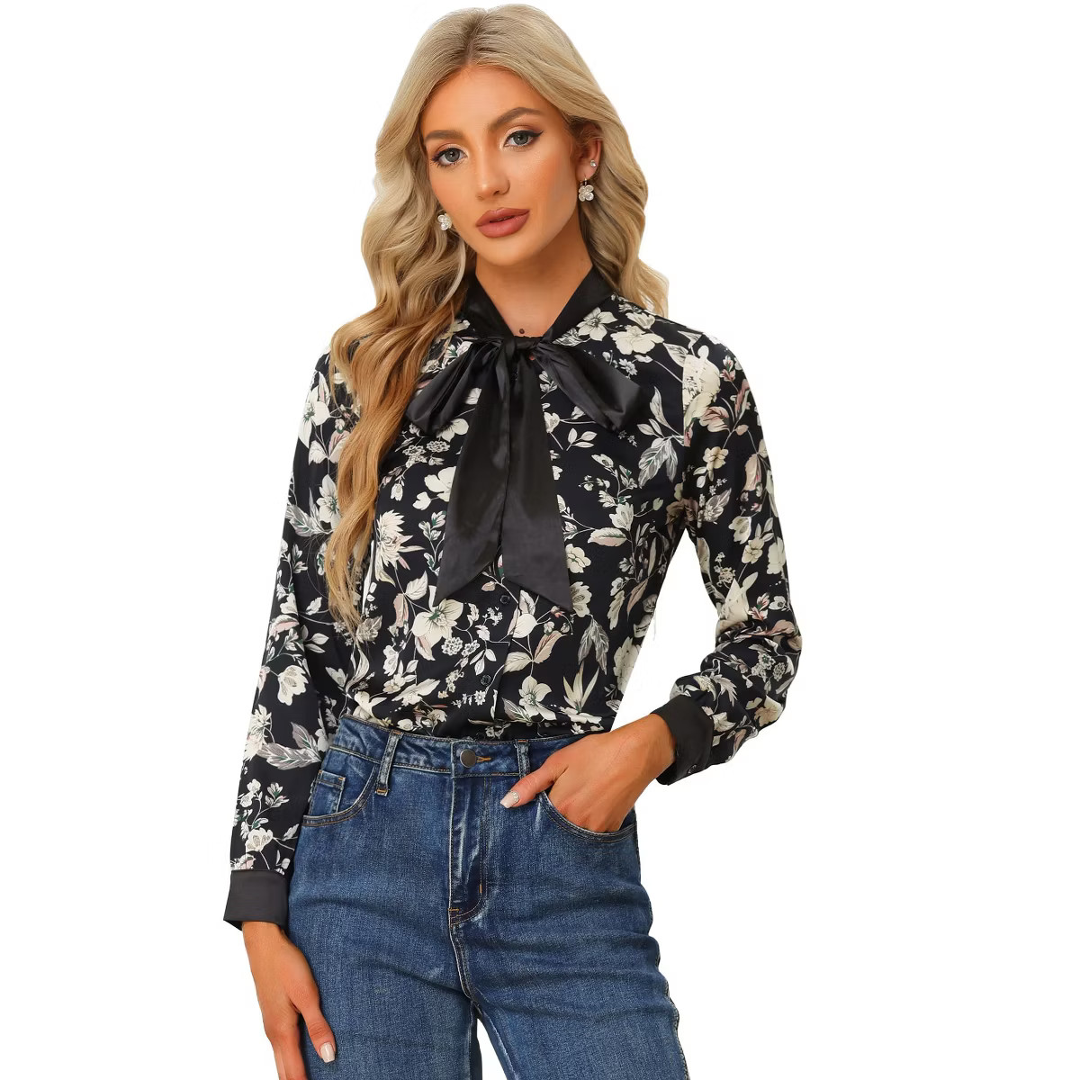 Allegra K Women's Floral Contrast Tie Neck Long Sleeve Satin Blouse | Target