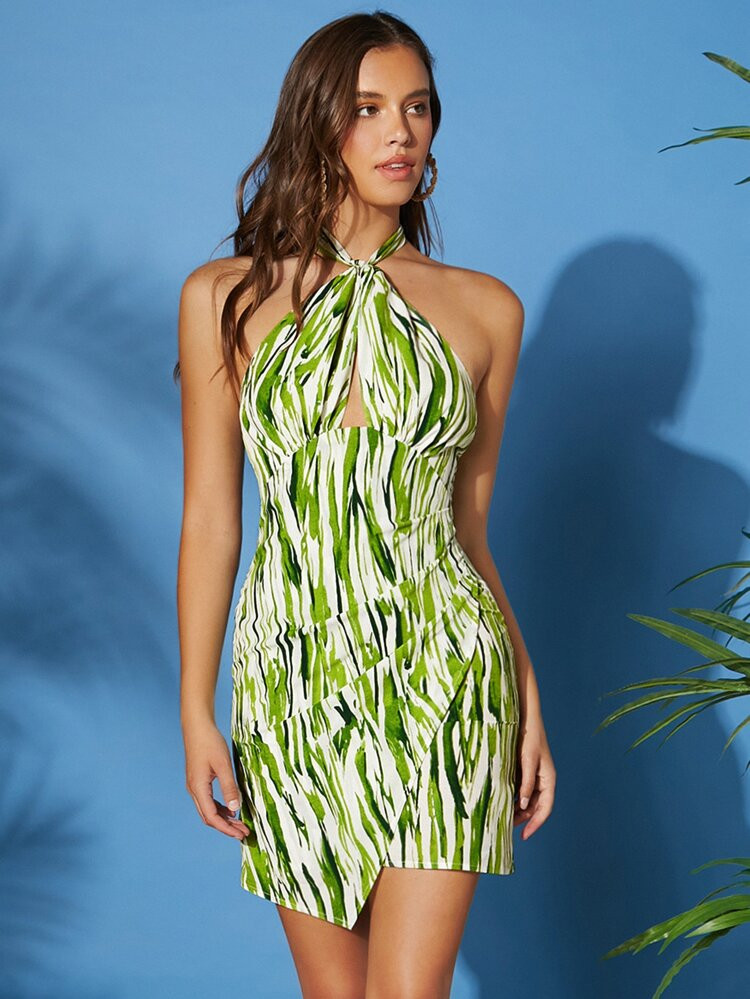 SHEIN Allover Print Cut Out Tie Backless Wrap Halter Dress | SHEIN