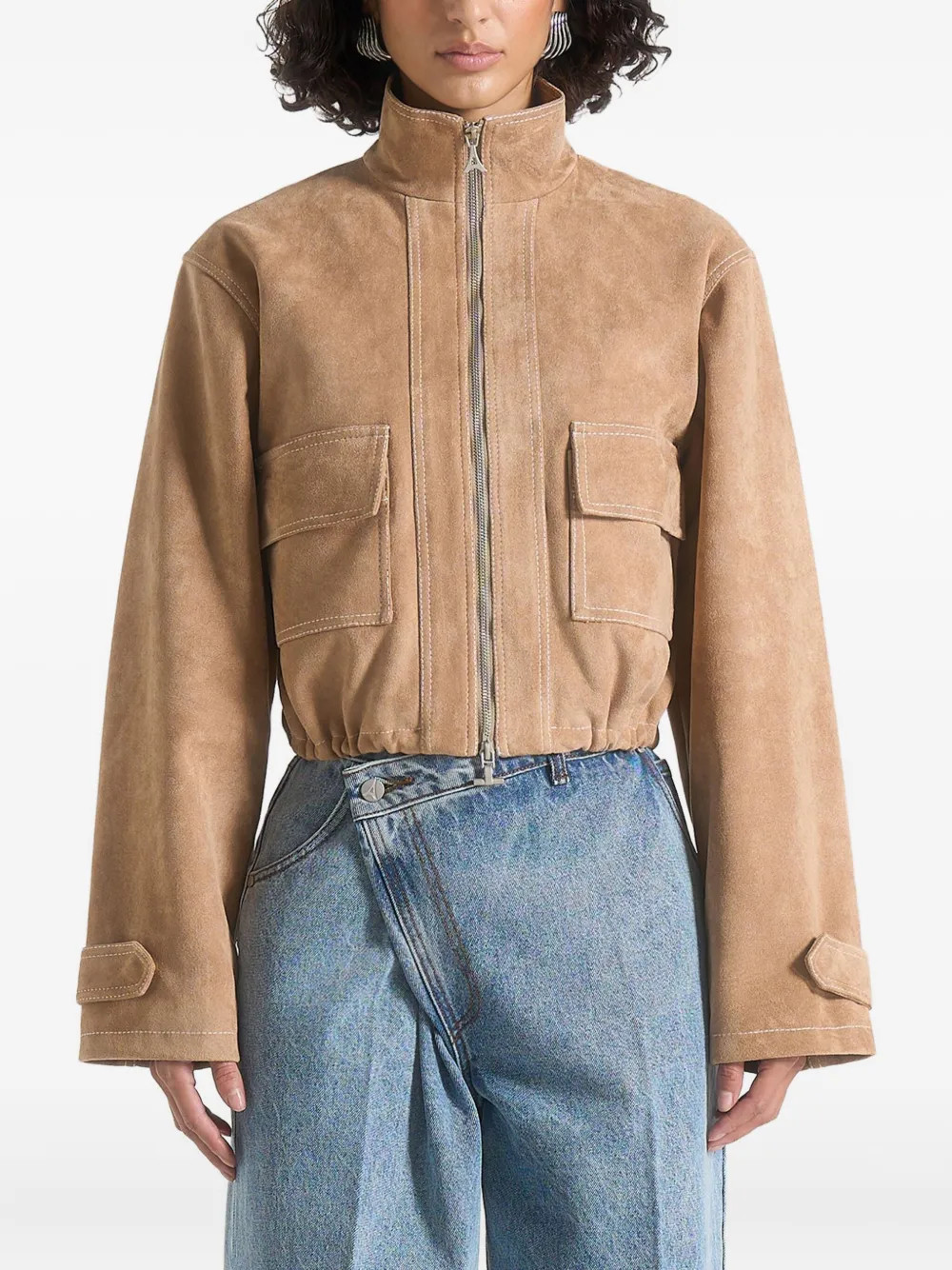 Manière De Voir Nawel suede contrast stitch jacket with cinched hem - Brown | Farfetch Global