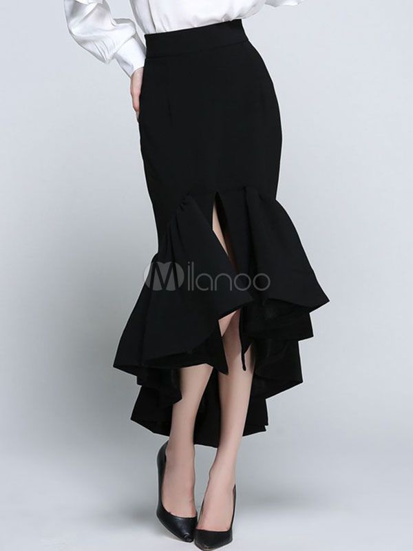 Black Mermaid Skirt Women's Ruffle Slit Slim Fit Bodycon Skirt | Milanoo
