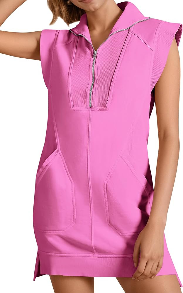 Fisoew Womens Summer Half Zip Sweatshirt Dresses V Neck Collared Sleeveless Workout Tunic Mini Dr... | Amazon (US)