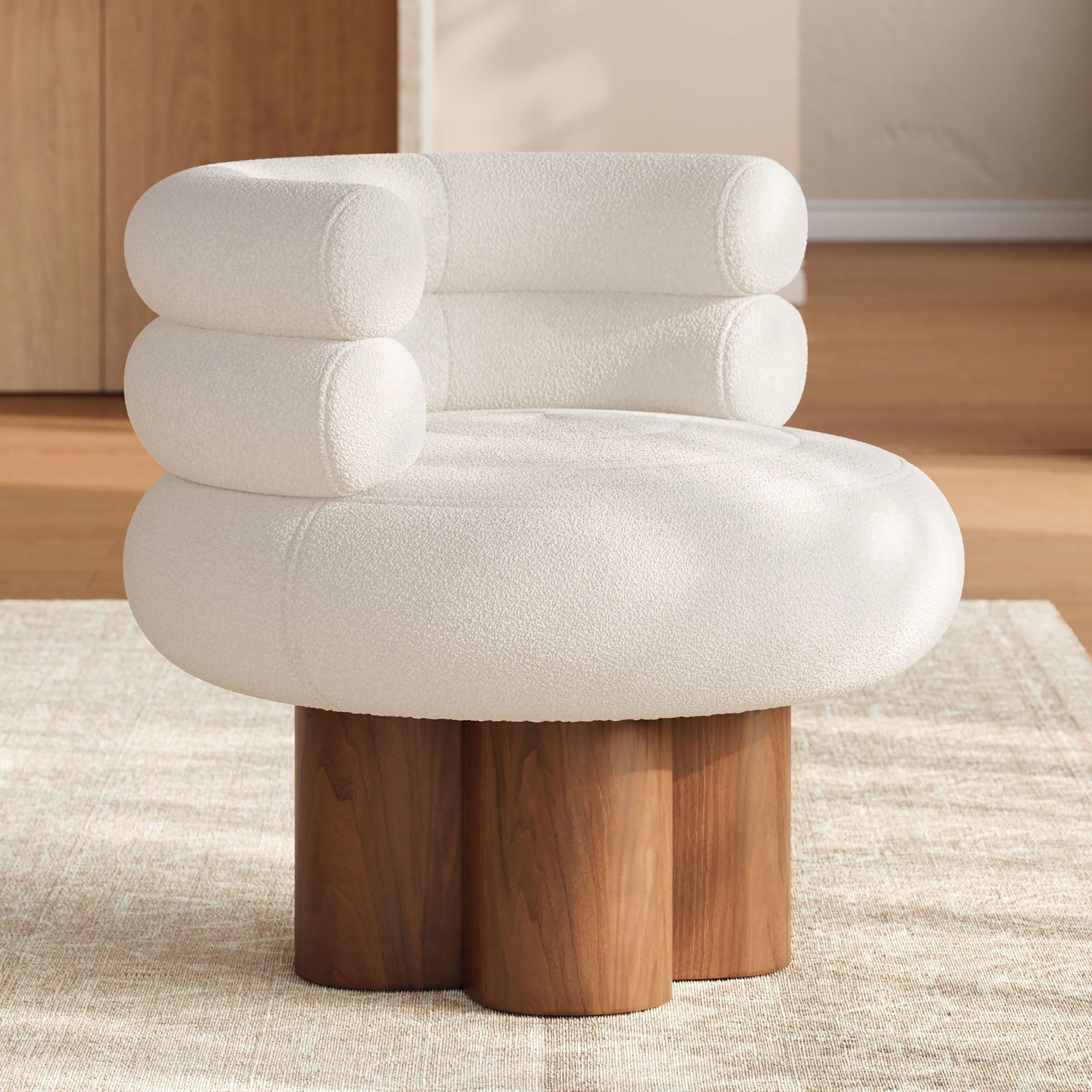 Swivel Solid Wood Base Accent Chair Boucle Armchair for Living Room in White (28"" Wide) | Homary