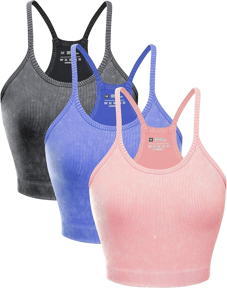 Women's Crop 3-Pack Washed Seamless Rib-Knit Yoga Camisole Crop Tank Tops - Racerback Sport Tank ... | Amazon (US)