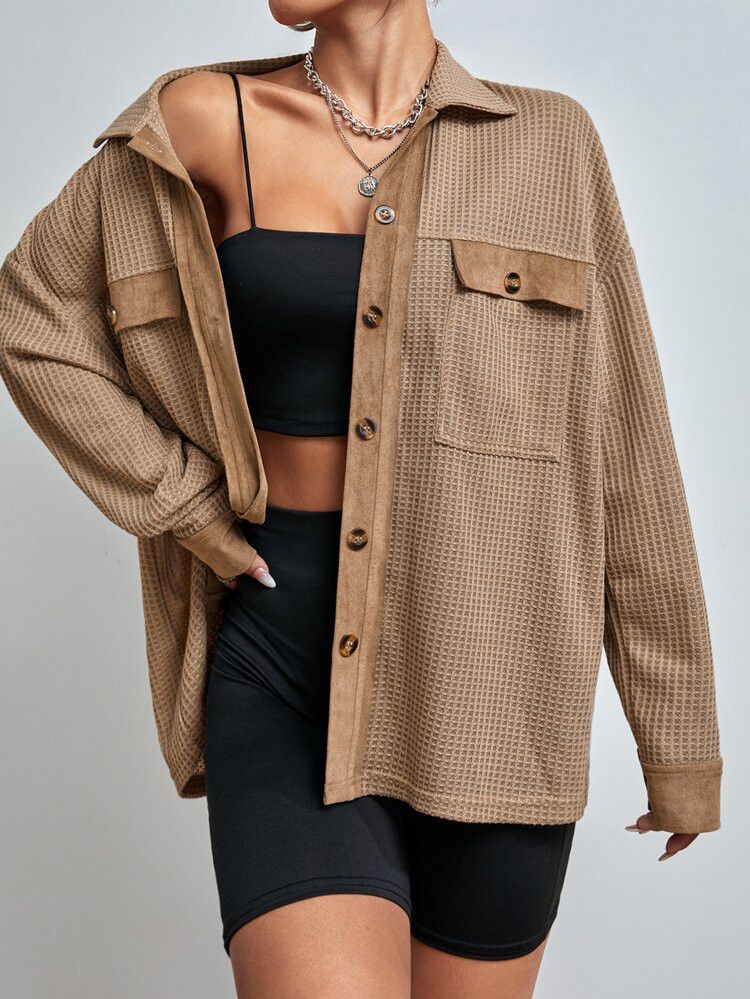 Waffle Knit Drop Shoulder Flap Pocket Coat | SHEIN