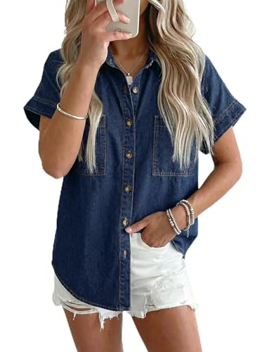 Sidefeel Women's Button Down Denim Shirt Collared Short Sleeve Jean Shirt Blouse with Pockets | Amazon (US)