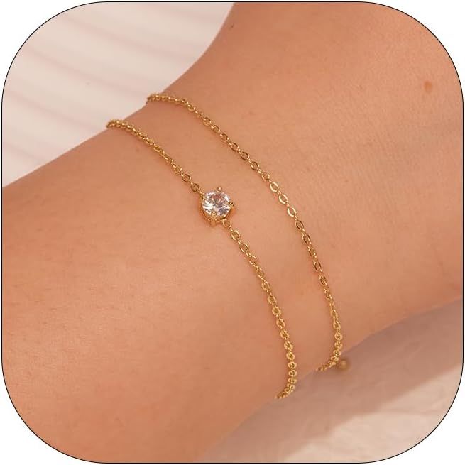 Gold Bracelets for Women Girls, Dainty Bracelets Set for Girls Trendy, 14K Real Gold Bracelets St... | Amazon (US)