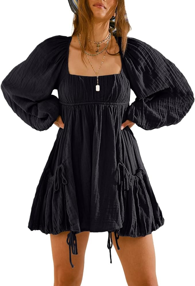 Shiyifa Women's Summer Mini Dress Casual Square Neck Long Sleeves Loose Sundress with Pockets | Amazon (US)