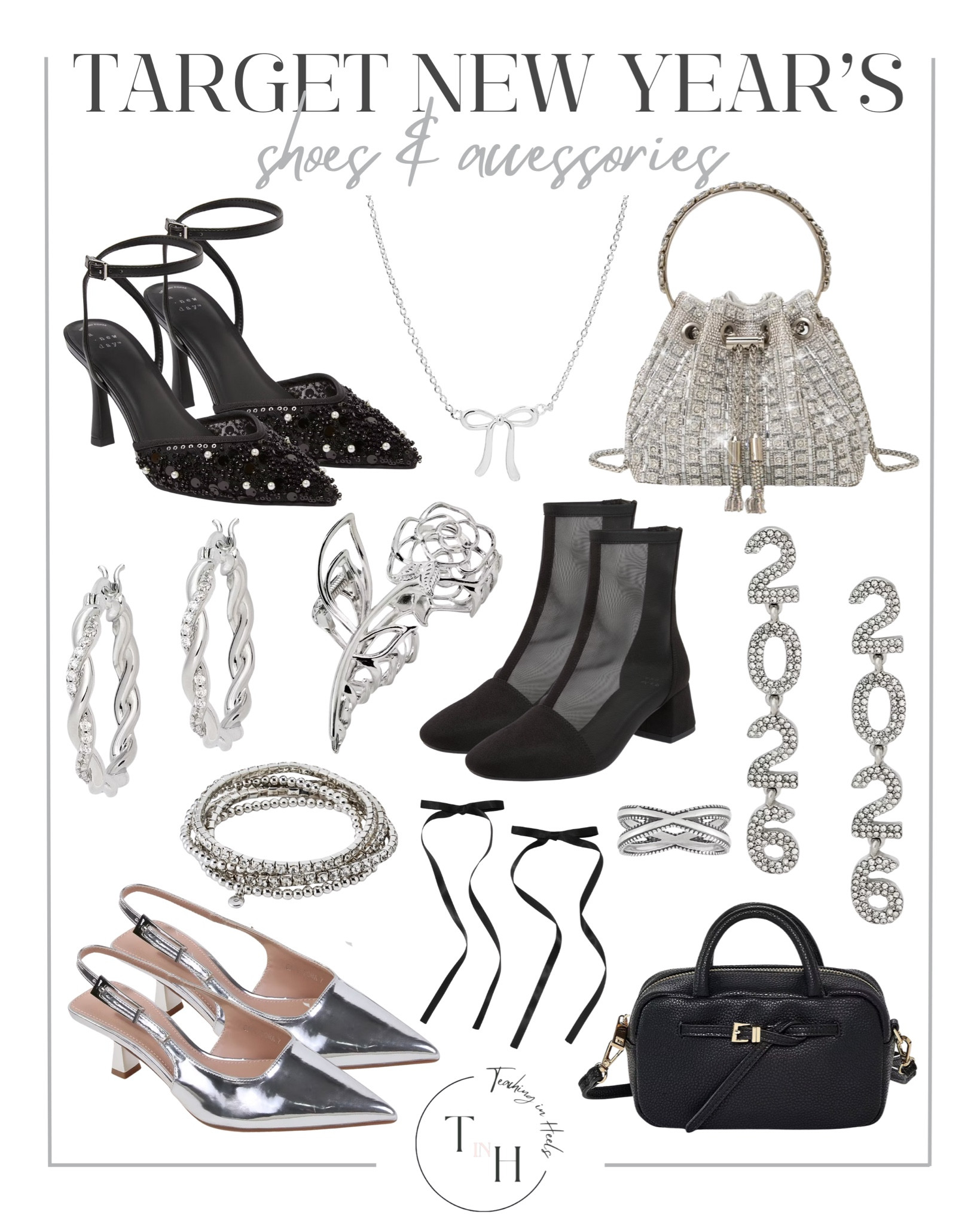 Target New Year’s party shoes and accessories

Metallic strappy heels
Sparkly statement earrings
Rhinestone clutch bag
Gold chain necklaces
Feather trim heels
Crystal drop earrings
Embellished party headbands
Patent leather pumps
Mini top handle evening bag
Bold cocktail rings

#LTKSaleAlert #LTKHoliday #LTKootd