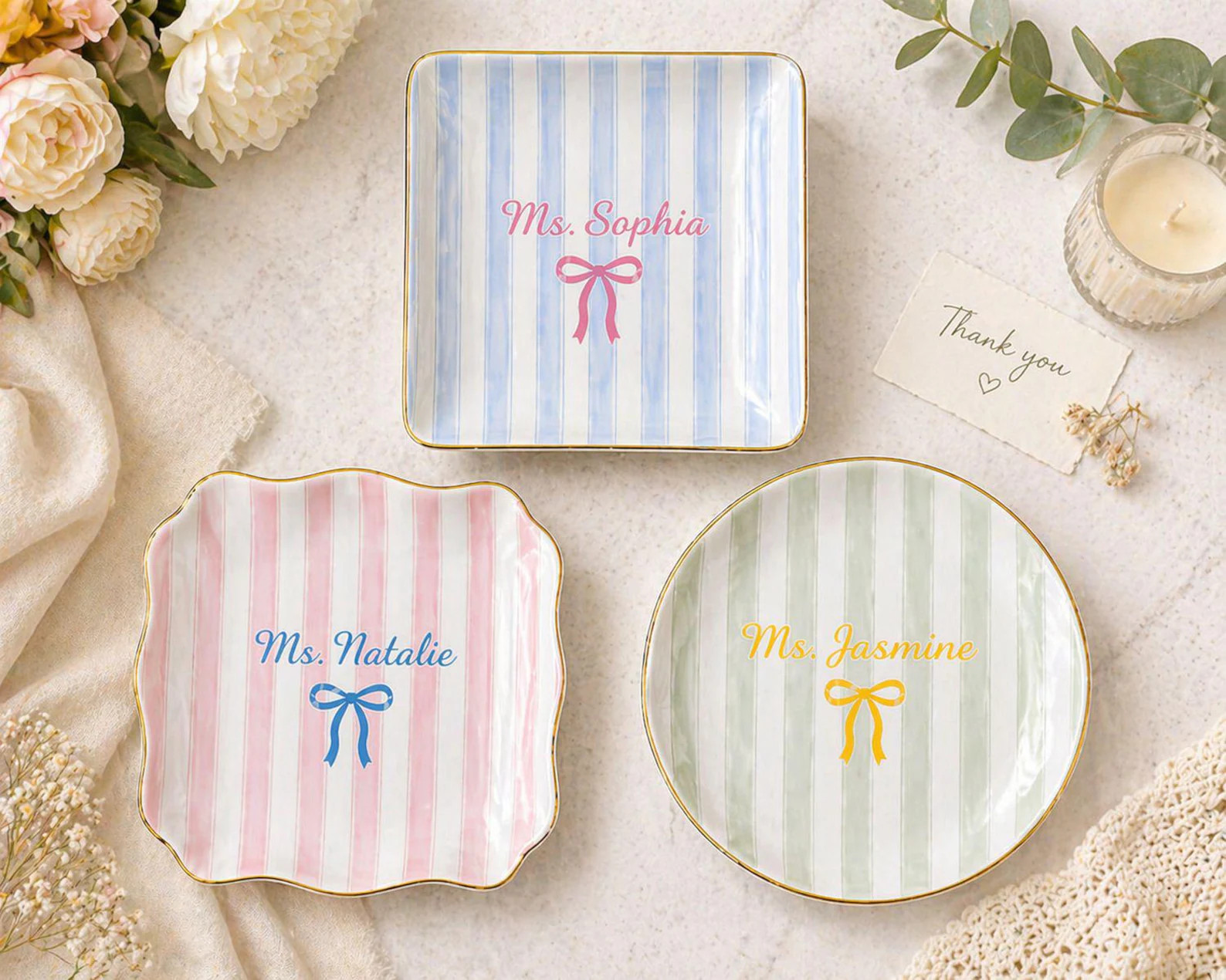 Custom Name Teacher Stripe Coquette Ring Dish, Teacher Appreciation Gift Thank You, End of School... | Etsy (Global)