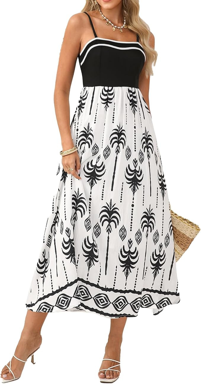 GRACE KARIN Summer Dresses for Women 2026,Color Block Floral Maxi Dress,Spaghetti Strap A Line Dr... | Amazon (US)