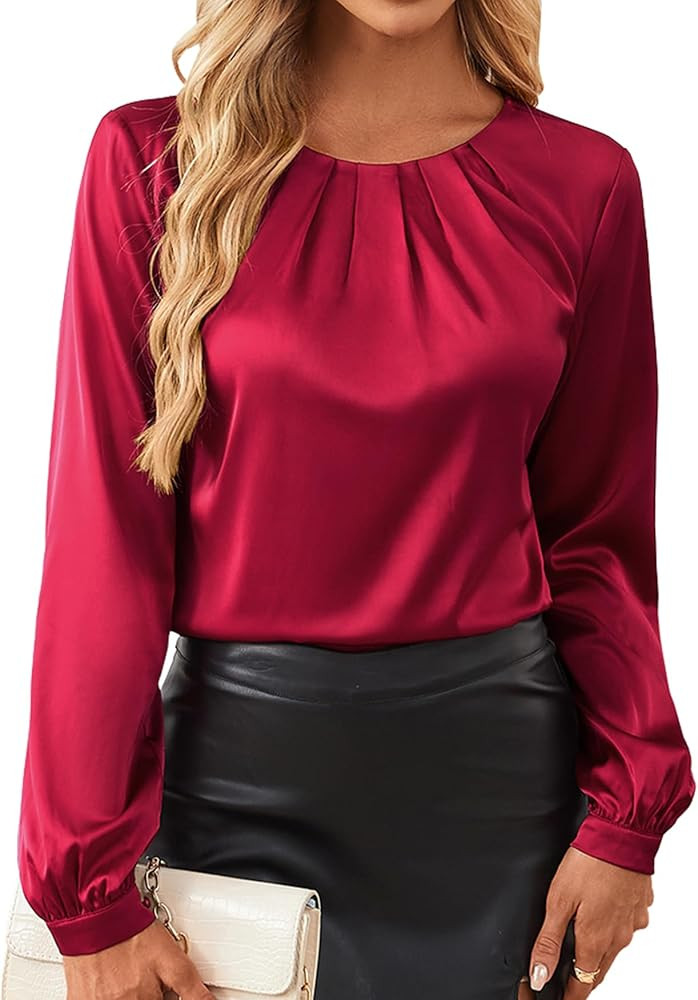 Bluetime Silk Blouses for Women Dressy Work Satin Dress Shirts Pleated Long Sleeve Business Casua... | Amazon (US)