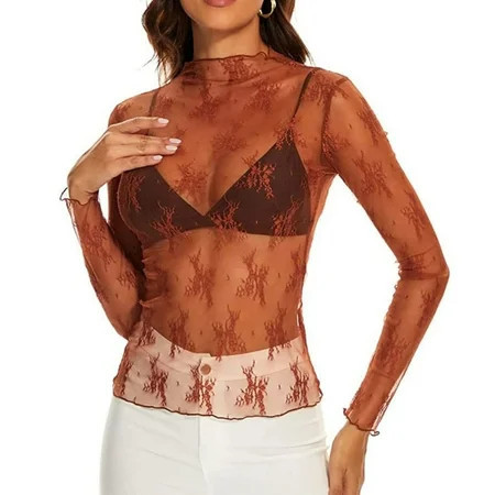 Xmarks Womens Mesh Sheer Tops Mesh Sheer Long Sleeve Layering Top Mock Neck See Through T Shirt Floral Embroidery Lace Blouse Gril Streetwear Summer Party Clubwear Shirts S-XL | Walmart (US)