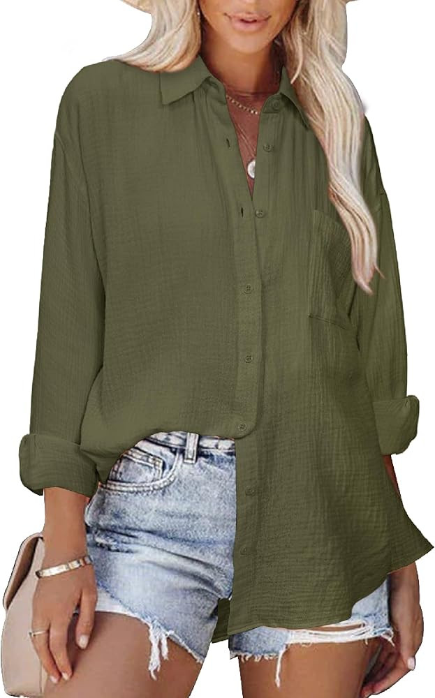 siliteelon Womens Button Down Shirts Cotton Long Sleeve Blouse Oversized Boyfriend Collared Blous... | Amazon (US)