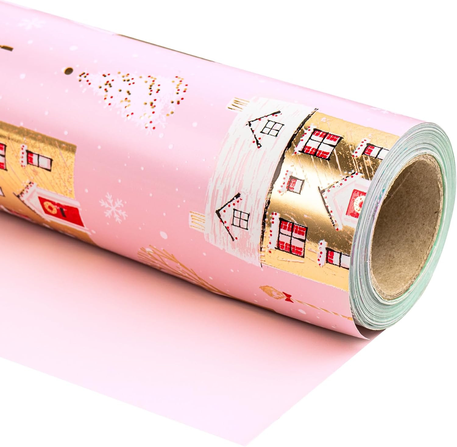 WRAPAHOLIC Reversible Christmas Wrapping Paper - Mini Roll - 17 Inch x 33 Feet - Pink House and Solid Pink Wrapping Paper with Metallic Foil Shine for Chrsitmas, Holiday, Party | Amazon (US)