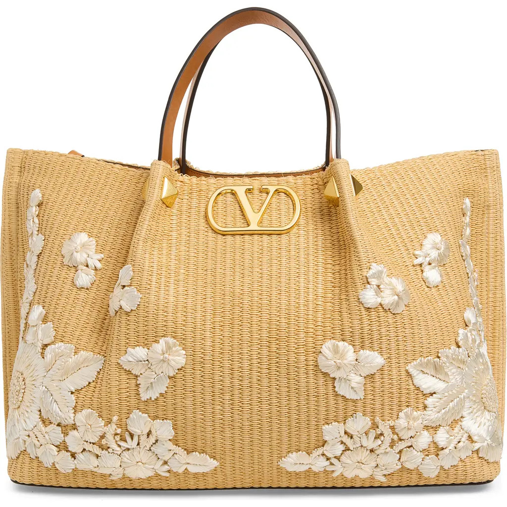 Valentino Garavani Medium VLOGO Signature Raffia Tote in Natural at Nordstrom | Nordstrom