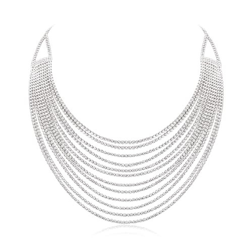 Flyonce Multi Layered Chunky Collar Necklace, Glitter Rhinestone Crystal Tassel Multi-Strand Fringe Chains Bib Statement Necklace Prom Jewelry for Women Clear Silver-Tone | Amazon (US)