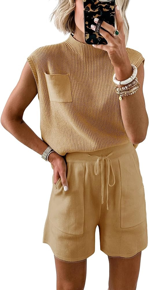 Athlisan Womens Two Piece Outfits Sweater Sets Knit Pullover Tops and High Waisted Short Pants Lo... | Amazon (US)