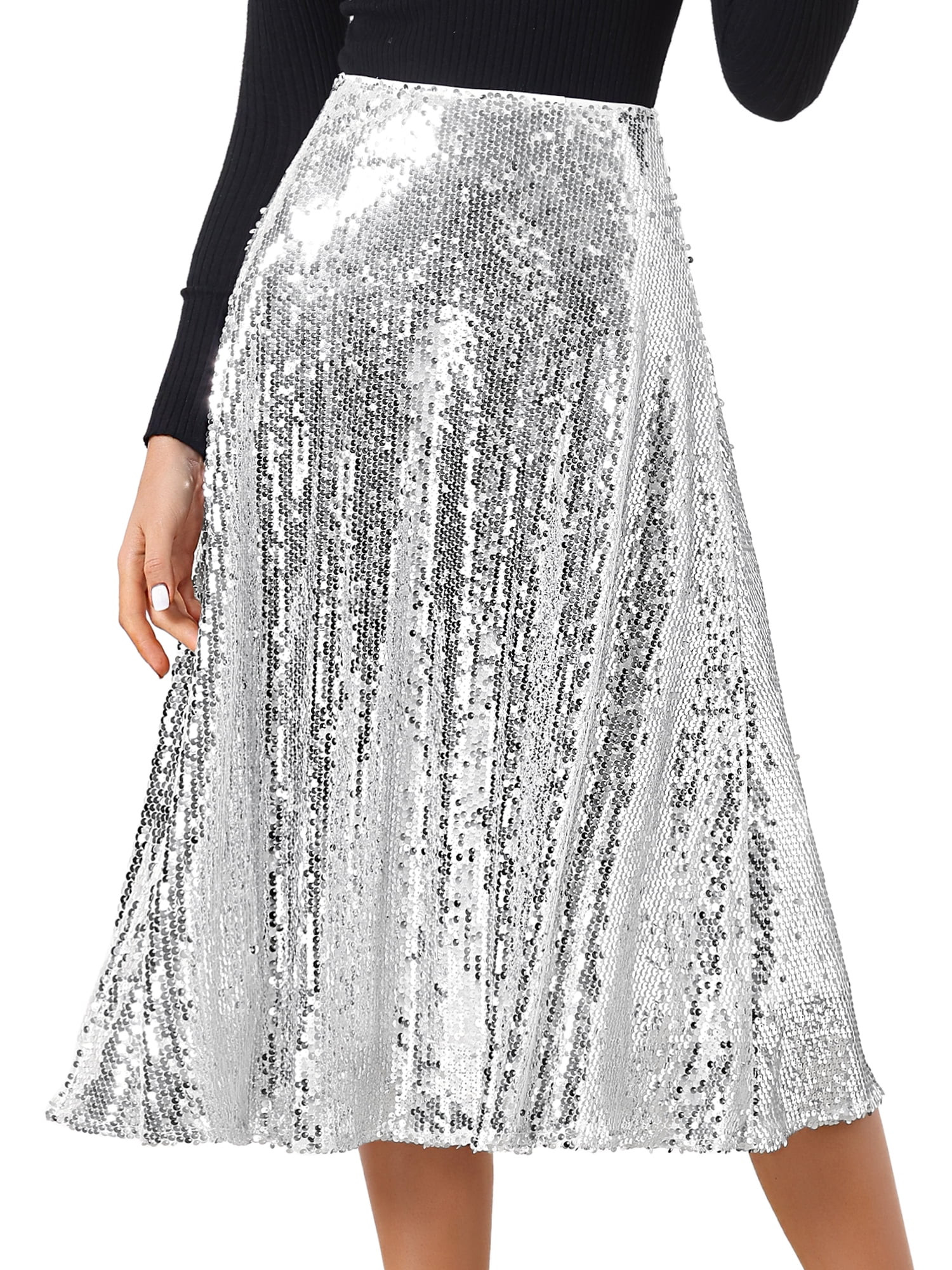 Unique Bargains Women's Sequin Sparkly High Waist Glitter Cocktail Party Midi Skirt M Silver | Walmart (US)