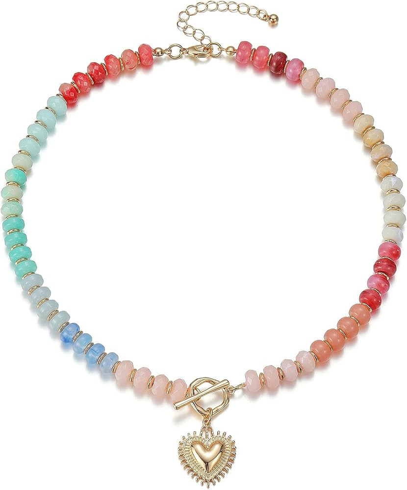 Chunky Heart Necklaces for Women, Colorful Resin Beaded Necklaces, Summer Beach Boho Necklace wit... | Amazon (US)