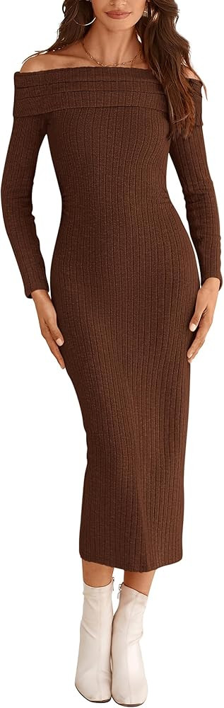 PRETTYGARDEN Women's Fall Dresses 2024 Sexy Off Shoulder Long Sleeve Bodycon Ribbed Knit Club Wed... | Amazon (US)