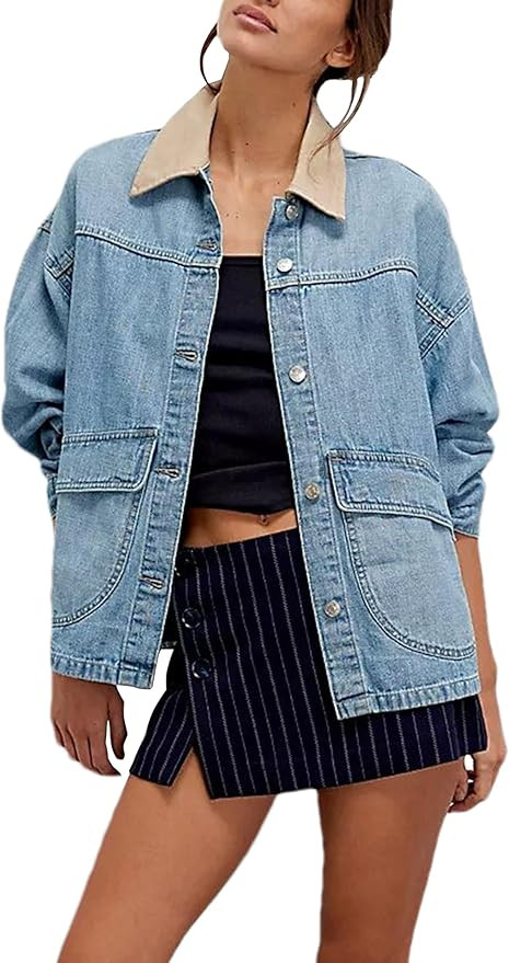 Lumister Women's Oversized Denim Jacket with Contrast Trim Long Sleeve Button Down Jean Coat with... | Amazon (US)