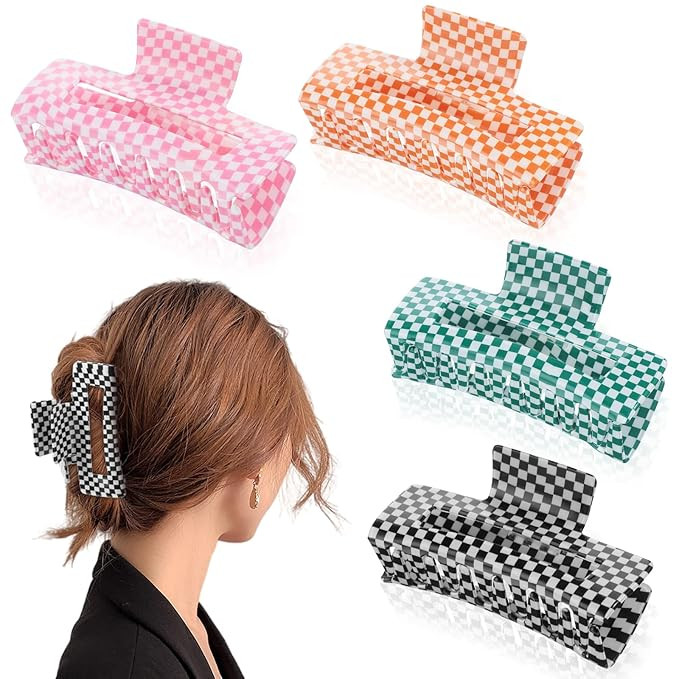Checkered Hair Claw Clips 4 Pcs Large Checkered Hair Clips Big Rectangle Claw Clip Retro Checkerb... | Amazon (US)