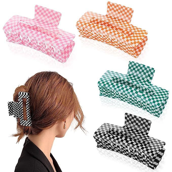 Checkered Hair Claw Clips 4 Pcs Large Checkered Hair Clips Big Rectangle Claw Clip Retro Checkerb... | Amazon (US)